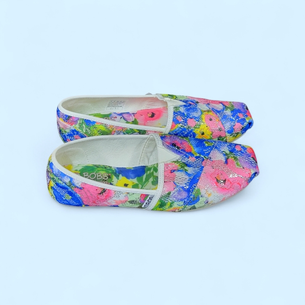 BOBS Skechers Shoes Pink Blue Floral Lace Silver Sequin Slip On Flats Sneakers 8
